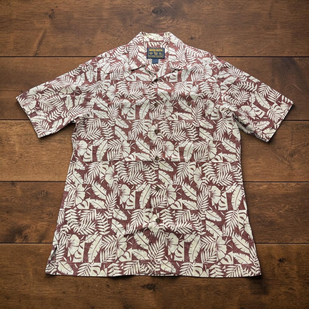 Vintage Woolrich John Rich Bros Mens Tropical Hibiscus Palm Camp Shirt Maroon L
